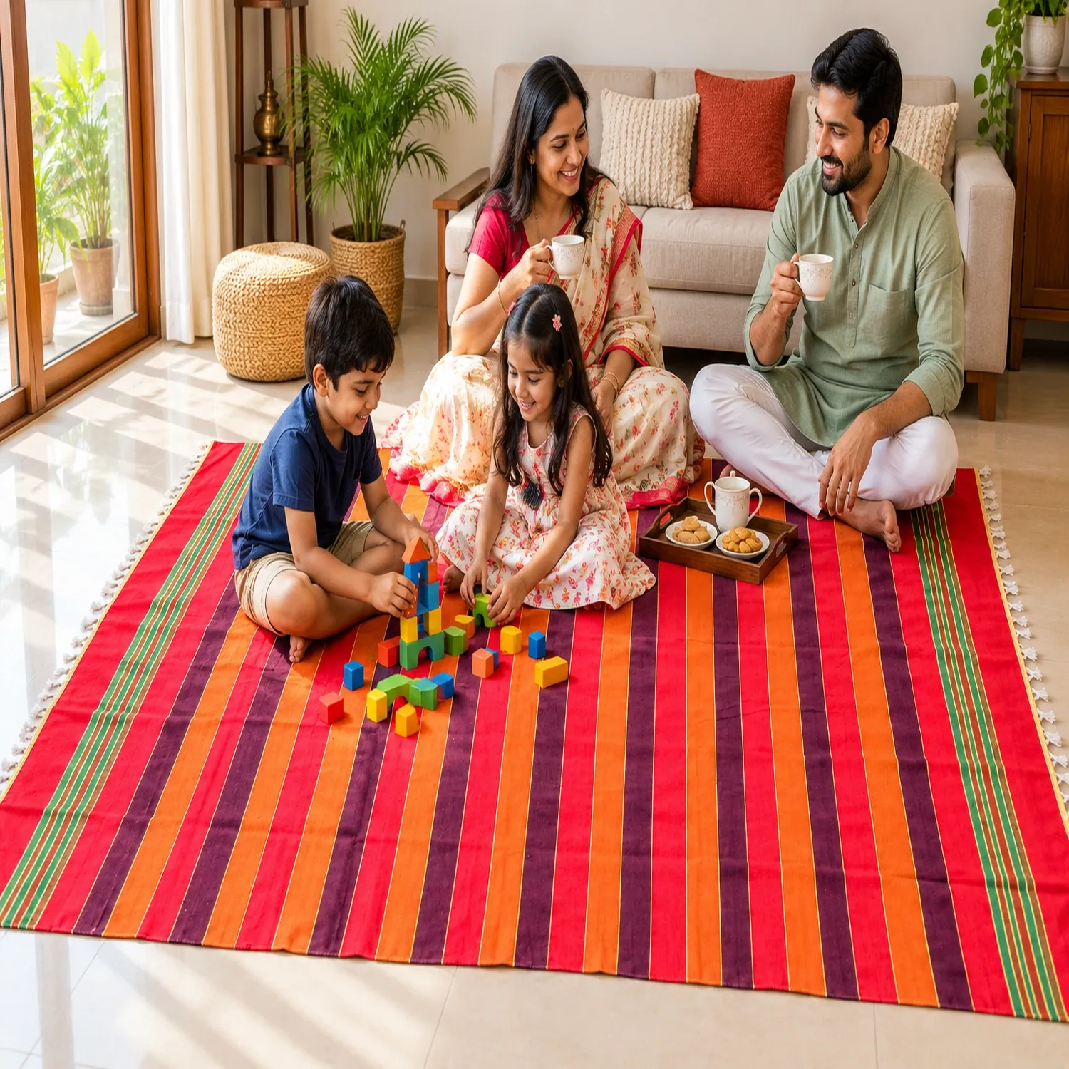 Natural Ba6×9 Feet Traditional Striped Satranji – Floor Mat & Home Usemboo Walking Stick with Curved Handle photo 1