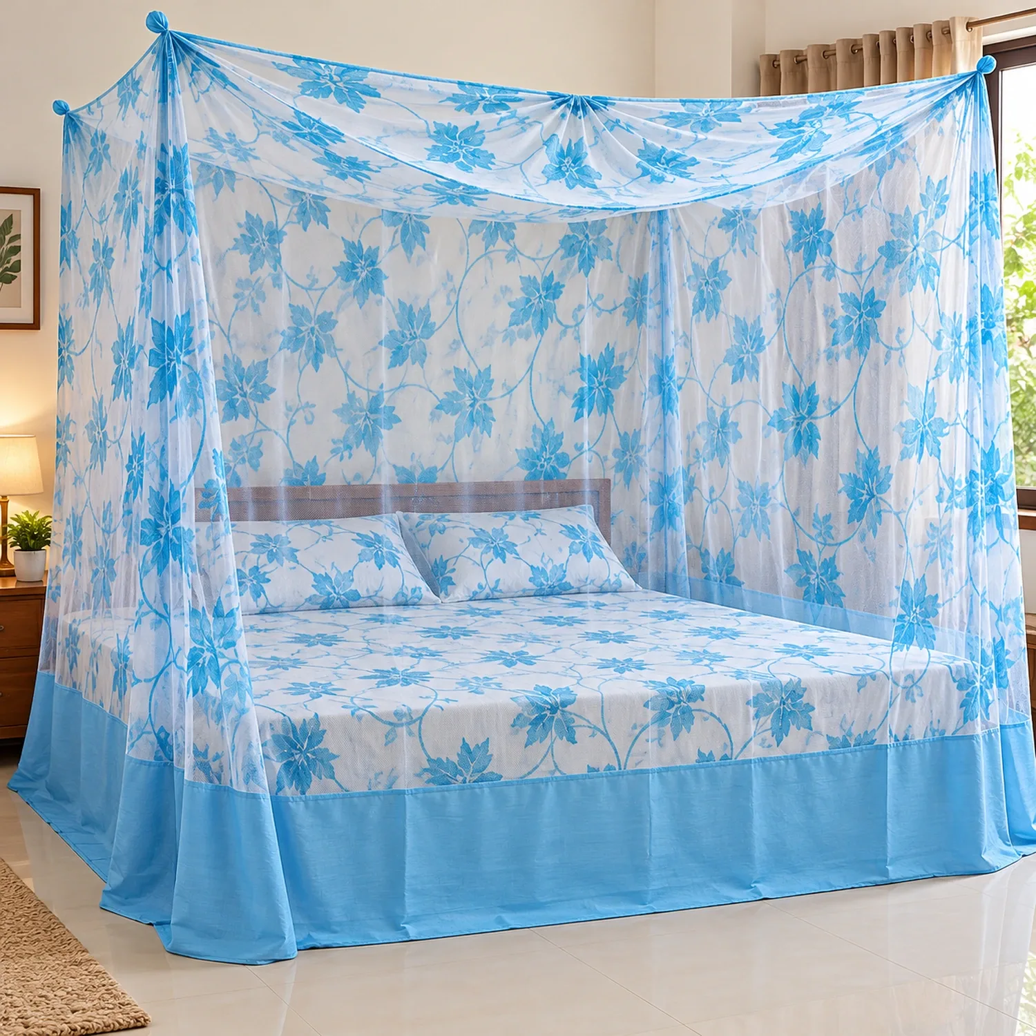 Blue Floral Mosquito Net 6x7 Feet – Foldable Bed Mosquito Net | Basanti Bedding photo 1