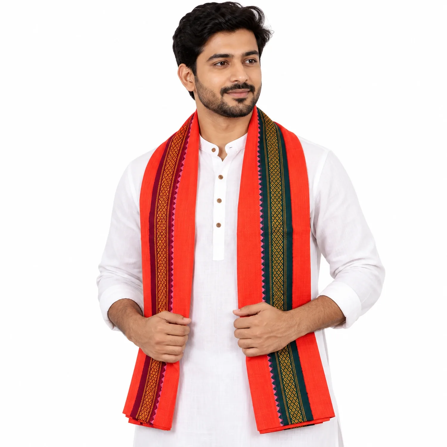 Men's Traditional Orange Red Uttoriyo – Decorative Border Angavastram photo 1