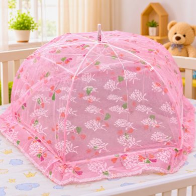 Baby Umbrella Round Folding Mosquito Net for Baby Bed – Pink Floral Design | Basanti Bedding photo 1