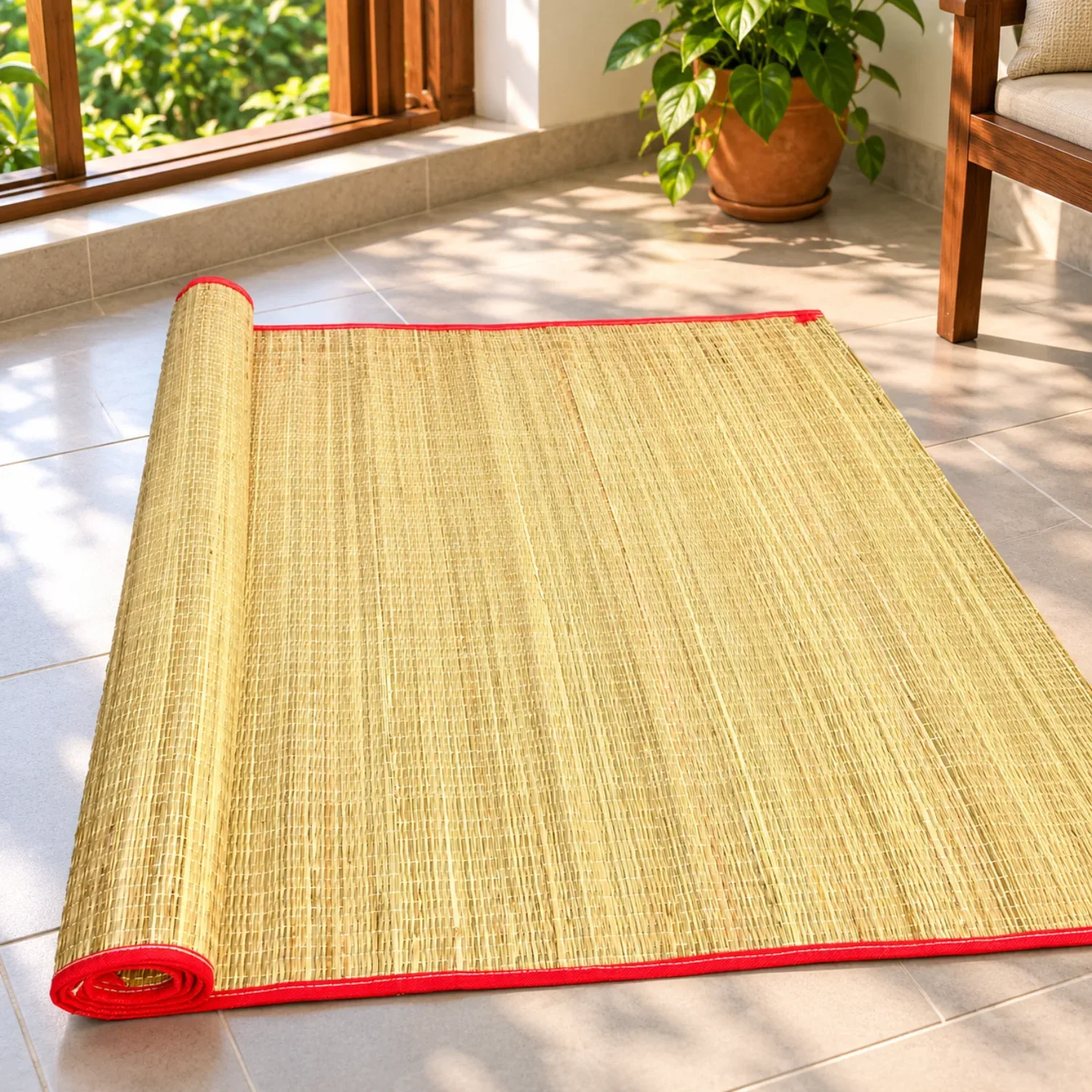 Natural Korai Grass Madurkathi Mat 3.6 x 6 Feet – Handmade Floor Mat | Basanti Bedding photo 1
