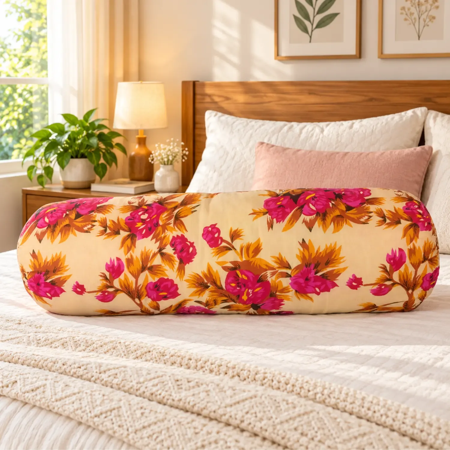 Natural Shimul Tula Pillow 80 cm with Floral Cotton Fabric Cover | Basanti Bedding photo 1