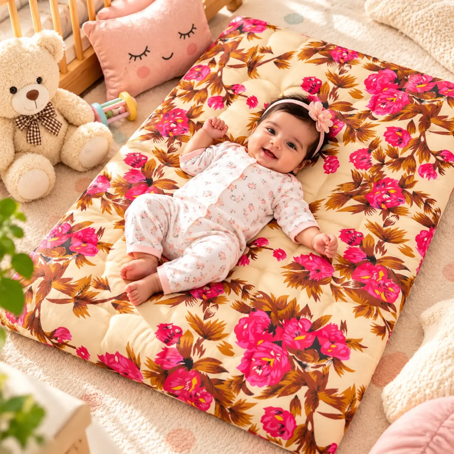 New Born Baby Godadi Soft Cotton Quilt – Cream Floral Baby Bedding | Basanti Bedding photo 1