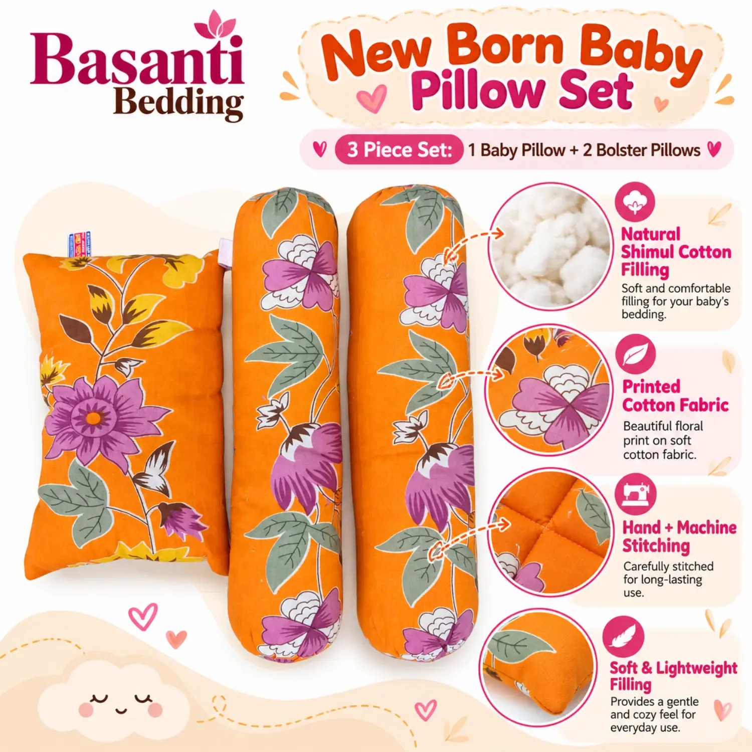 New Born Baby Cotton Pillow Set – 1 Baby Pillow + 2 Bolster Pillows | Basanti Bedding photo 2
