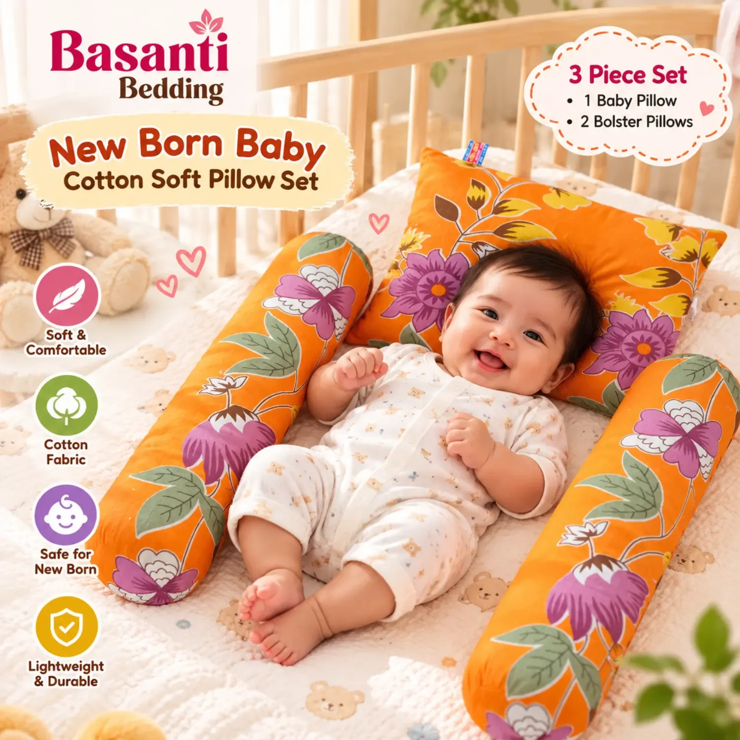 New Born Baby Cotton Pillow Set – 1 Baby Pillow + 2 Bolster Pillows | Basanti Bedding photo 1