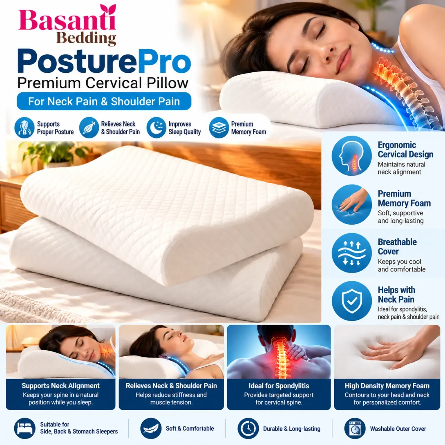 Basanti Bedding Memory Foam Cervical Pillow – Quilted Contour Pillow for Neck Support photo 4