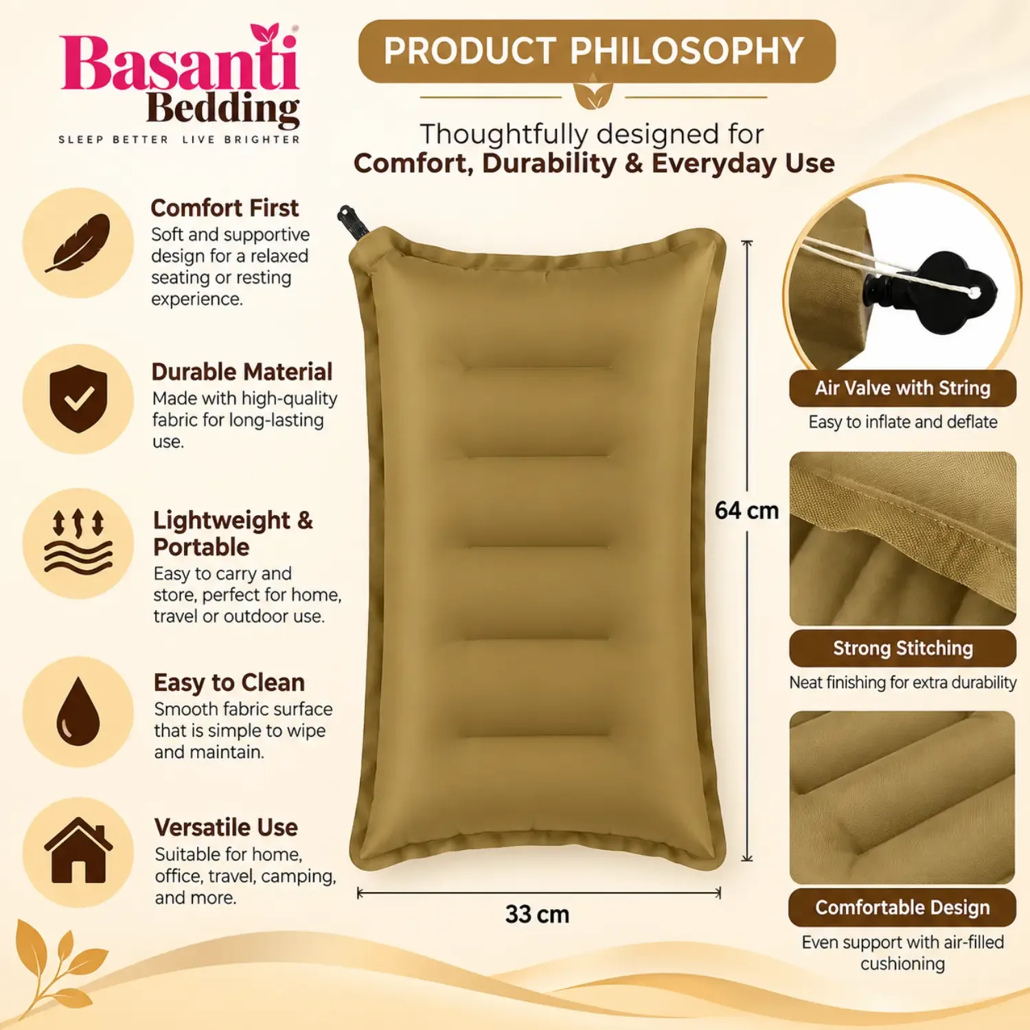 Basanti Bedding Inflatable Air Pillow – Brown Portable Travel Cushion photo 2