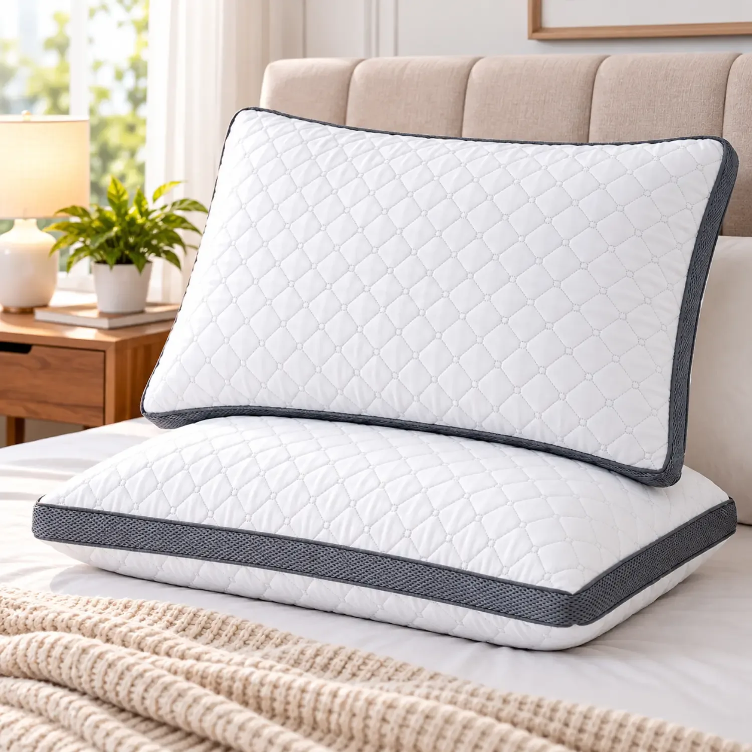 Basanti Bedding Premium Quilted Microfiber Pillow for Neck Support – White with Grey Border photo 1