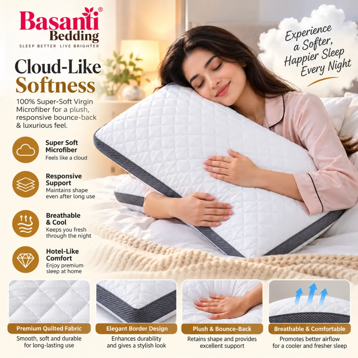 Basanti Bedding Premium Quilted Microfiber Pillow for Neck Support – White with Grey Border photo 3