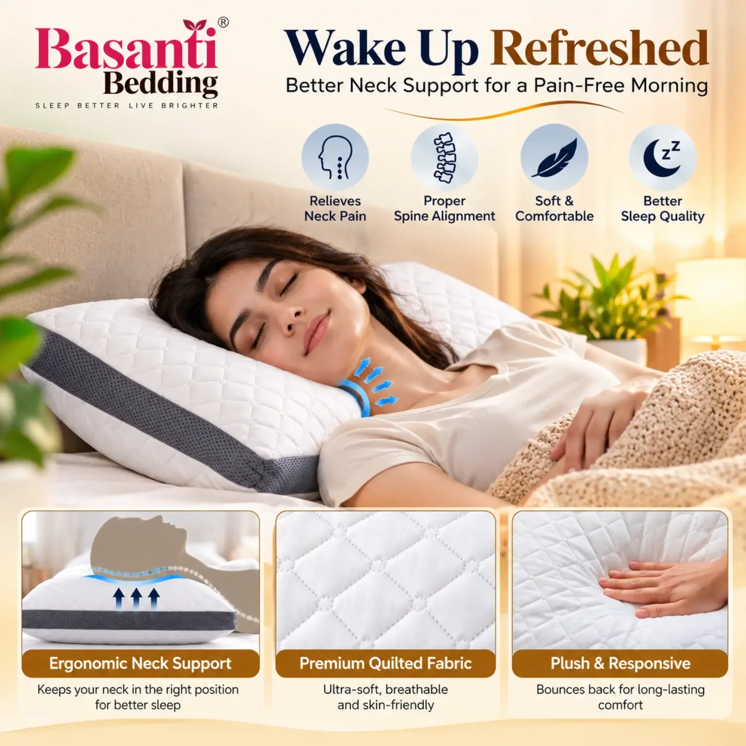 Basanti Bedding Premium Quilted Microfiber Pillow for Neck Support – White with Grey Border photo 2